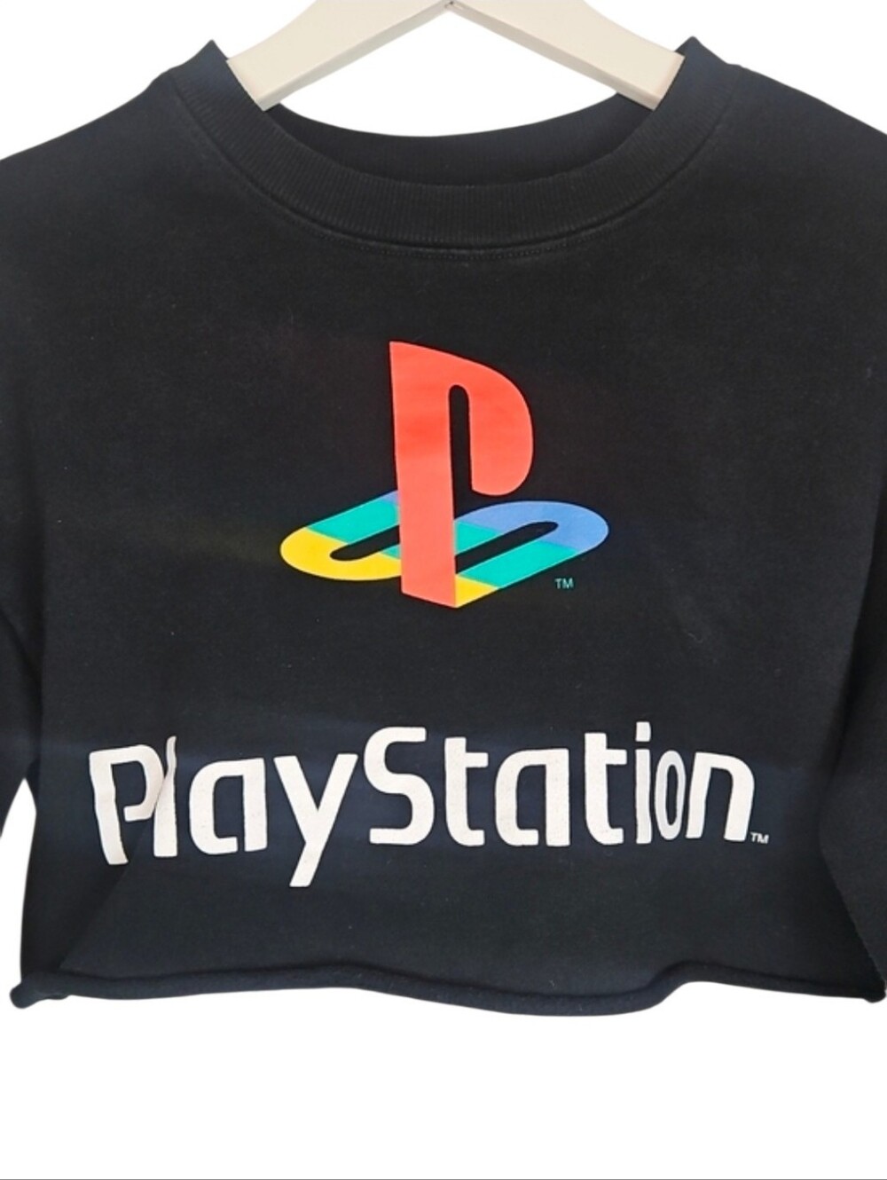 PlayStation Black Cropped Sweatshirt Raw Roll Hem Sony Gamer Video Game Top S - Picture 2 of 5